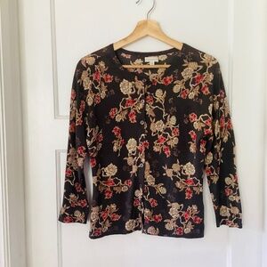 Garnet Hill Signature Eco Merino Cardigan Women’s S Fall Floral 100% Wool Flaws